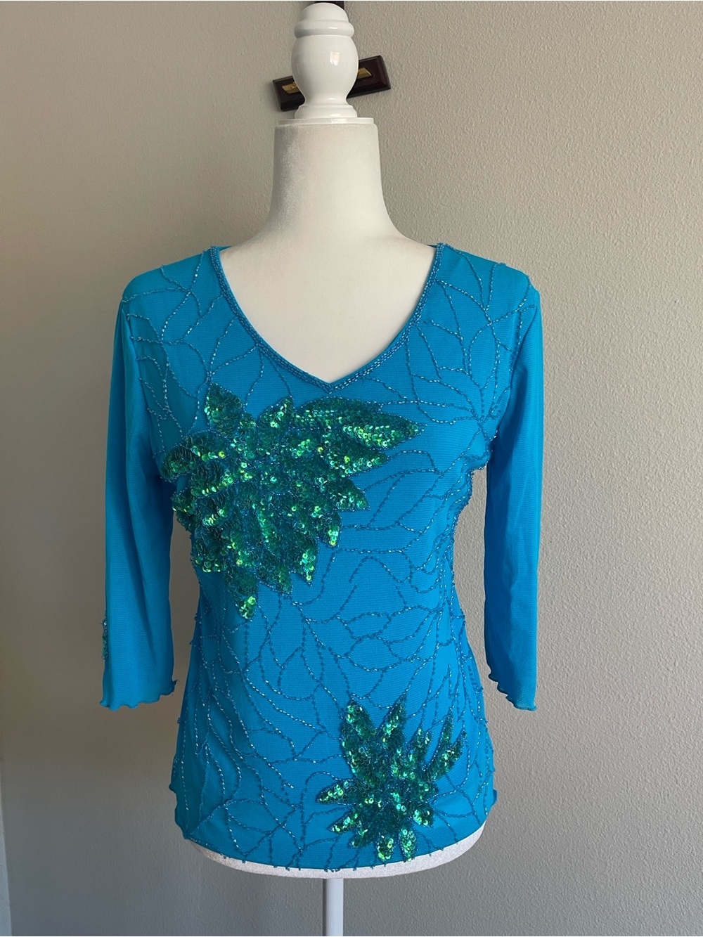Women's Teal Sequin V-Neck Top